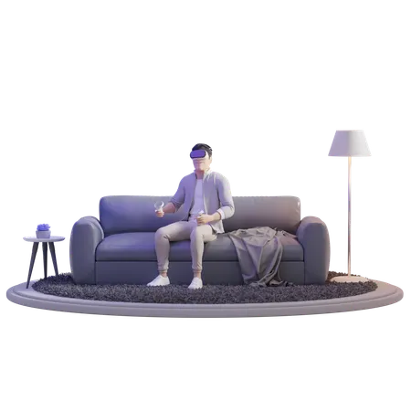 Hombre explorando VR en el sofá  3D Illustration