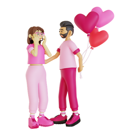 Hombre feliz dando sorpresa de San Valentín a la niña  3D Illustration