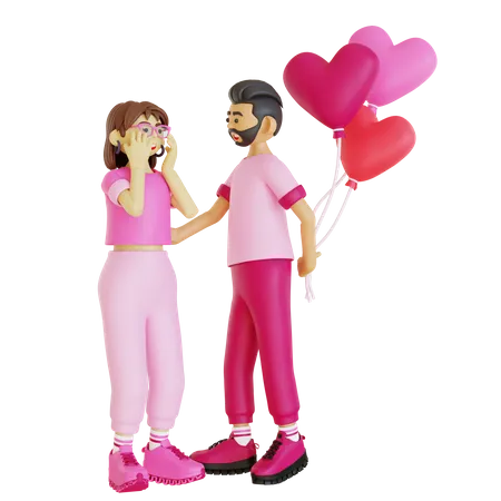 Hombre feliz dando sorpresa de San Valentín a la niña  3D Illustration