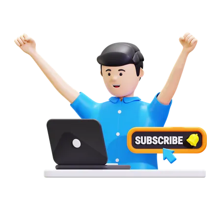 Hombre feliz haciendo promoción de canal de suscripción  3D Illustration