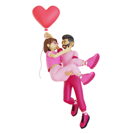 Hombre feliz levantando a niña con globo de corazón  3D Illustration