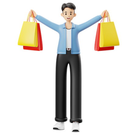 Hombre feliz sosteniendo bolsas de compras  3D Illustration