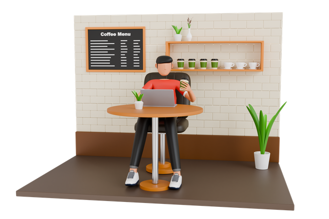 Hombre independiente trabajando en una computadora portátil en una cafetería  3D Illustration