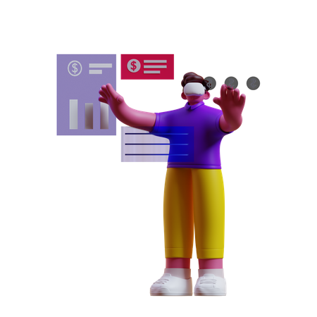 Hombre gestionando las finanzas en metaverso.  3D Icon