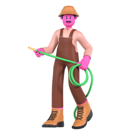 Agricultor masculino sosteniendo manguera de agua  3D Illustration