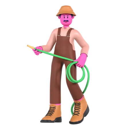 Agricultor masculino sosteniendo manguera de agua  3D Illustration