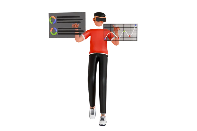 Hombre haciendo análisis de datos en VR Tech  3D Illustration