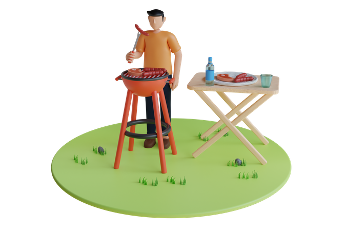 Hombre haciendo barbacoa en el patio trasero  3D Illustration