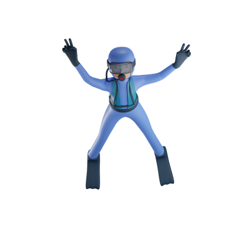 Hombre haciendo buceo con pose de victoria  3D Illustration