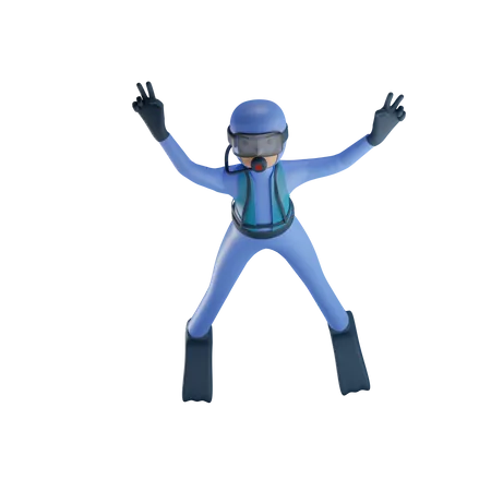 Hombre haciendo buceo con pose de victoria  3D Illustration
