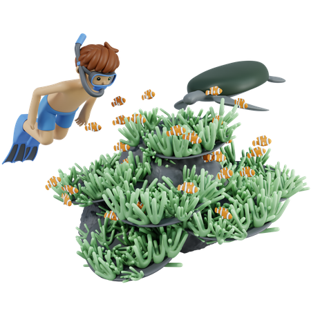 Hombre haciendo buceo en el océano  3D Illustration