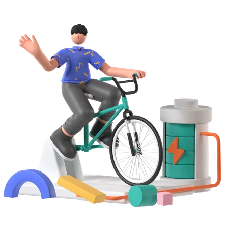 Hombre cargando la batería de una bicicleta  3D Illustration