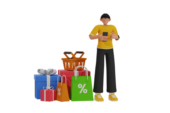 Hombre haciendo compras digitales  3D Illustration