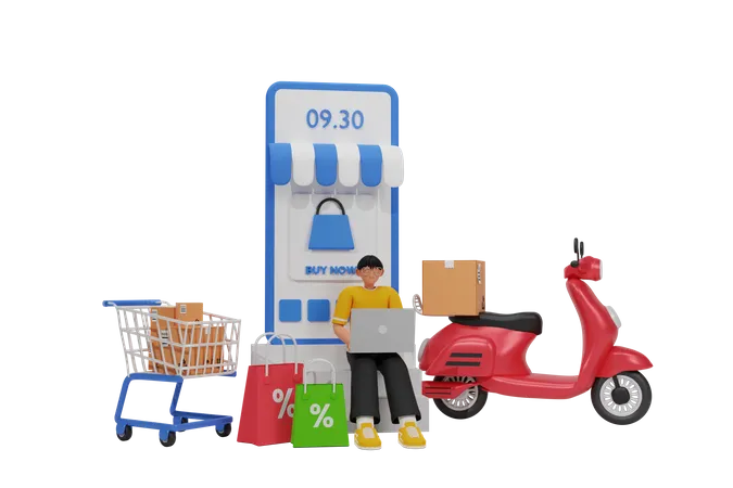 Hombre haciendo compras en línea  3D Illustration
