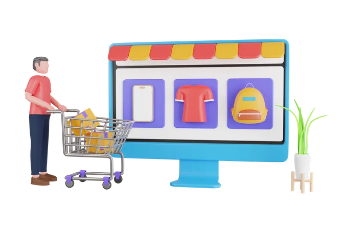 Hombre haciendo compras en línea  3D Illustration