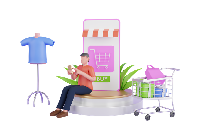 Hombre haciendo compras en línea desde una aplicación móvil  3D Illustration