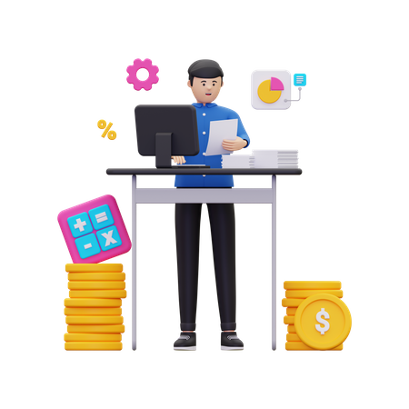 Hombre haciendo contabilidad en línea  3D Illustration