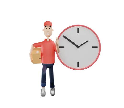 Personaje De Mensajeria 3 D Corriendo Con Caja De Paquete Al Lado De Un Gran Reloj 3D Illustration