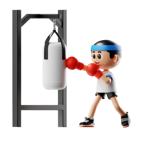 Hombre haciendo gimnasio con saco de boxeo  3D Illustration