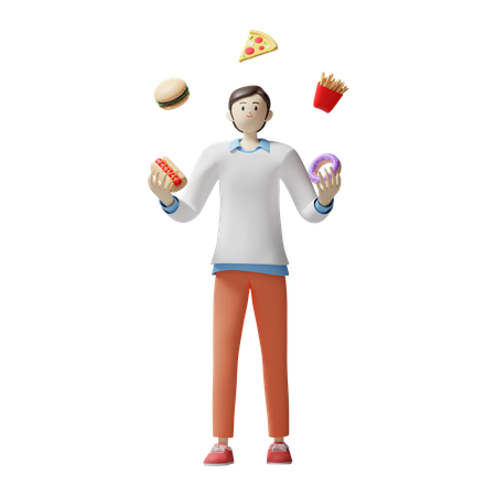 Hombre haciendo malabarismos con comida rápida  3D Icon