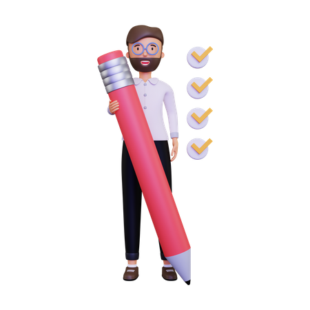 Hombre haciendo marca de verificación en casilla de verificación con lápiz  3D Icon