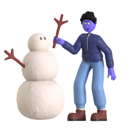 Hombre haciendo muñeco de nieve  3D Illustration