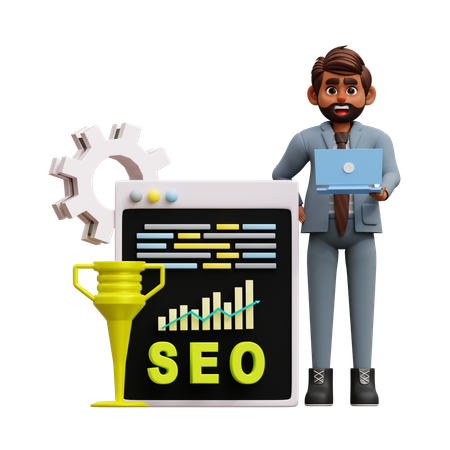 Hombre haciendo análisis de clasificación de SEO  3D Illustration