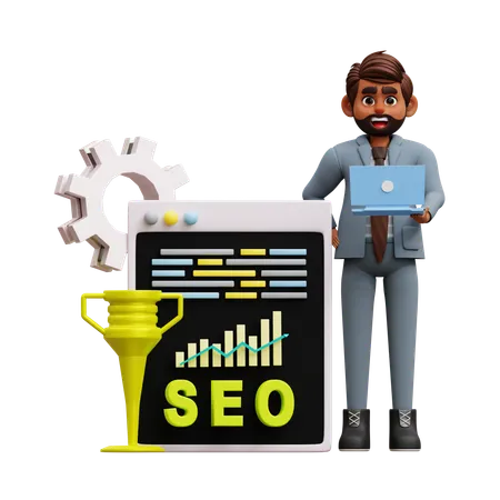 Hombre haciendo análisis de clasificación de SEO  3D Illustration