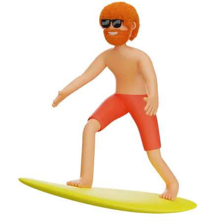 Hombre haciendo surf en la playa  3D Illustration