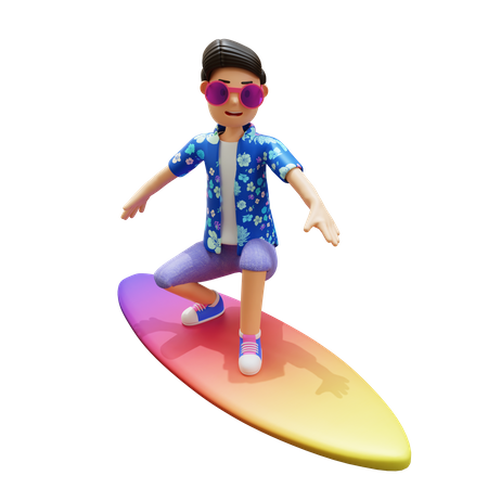 Hombre haciendo surf en la playa usando tabla de surf  3D Illustration
