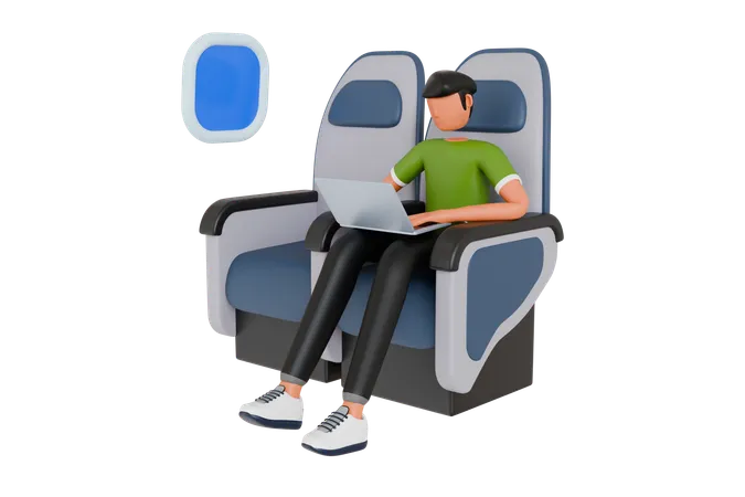 Hombre haciendo trabajo remoto mientras viaja en avión  3D Illustration