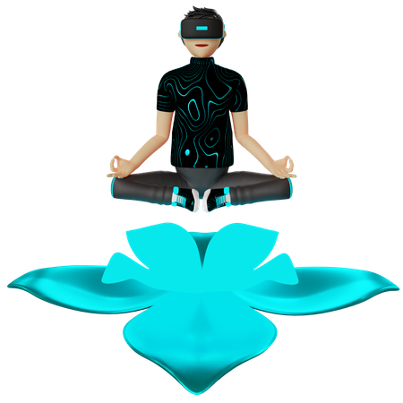 Hombre haciendo yoga en el mundo virtual  3D Illustration