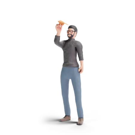 Hombre hipster con avión de papel  3D Illustration