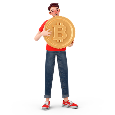 Hombre sosteniendo bitcoin  3D Illustration