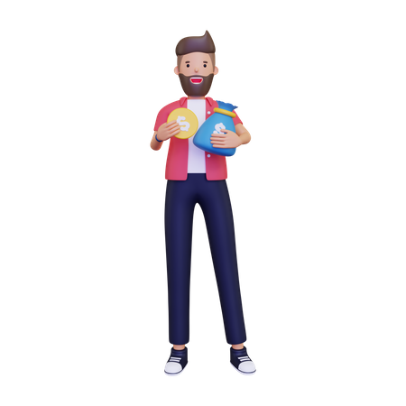 Hombre sujetando bolsa de dinero  3D Illustration