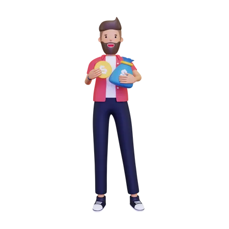 Hombre sujetando bolsa de dinero  3D Illustration