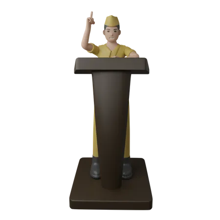 Hombre indonesio haciendo anuncio en el podio  3D Illustration