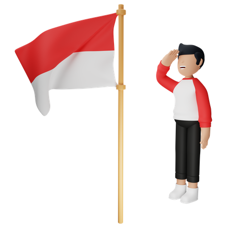 El hombre indonesio respeta la bandera de Indonesia.  3D Illustration