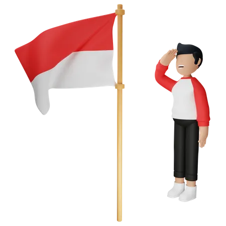 El hombre indonesio respeta la bandera de Indonesia.  3D Illustration