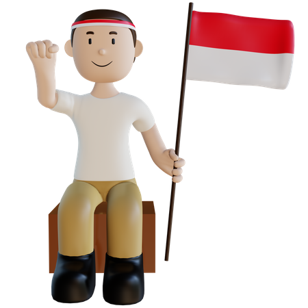 Hombre indonesio sosteniendo la bandera  3D Illustration