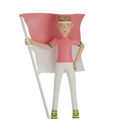 Hombre indonesio sosteniendo la bandera indonesia  3D Illustration