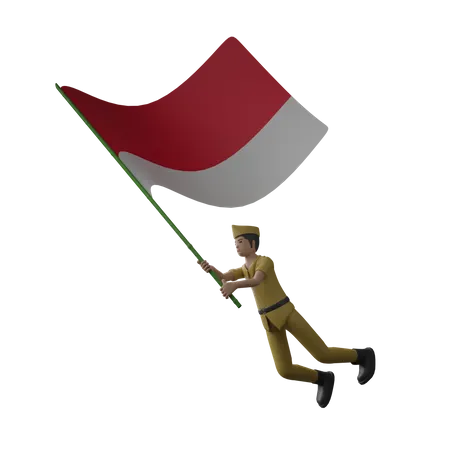 Hombre indonesio sosteniendo la bandera indonesia  3D Illustration