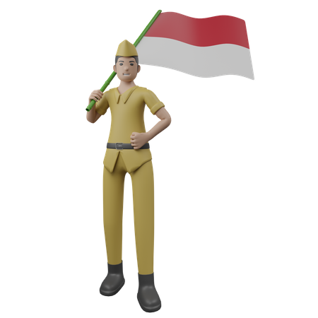 Hombre indonesio sosteniendo la bandera indonesia  3D Illustration