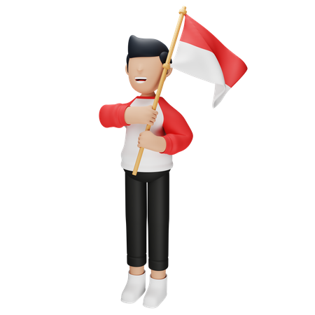 Hombre indonesio sosteniendo la bandera indonesia  3D Illustration