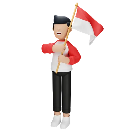 Hombre indonesio sosteniendo la bandera indonesia  3D Illustration