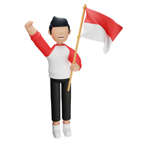 Hombre indonesio sosteniendo la bandera indonesia  3D Illustration