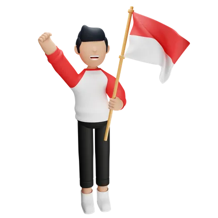 Hombre indonesio sosteniendo la bandera indonesia  3D Illustration