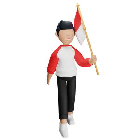 Hombre indonesio sosteniendo la bandera indonesia  3D Illustration