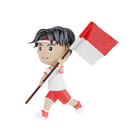 Hombre indonesio sosteniendo la bandera indonesia mientras corre  3D Illustration