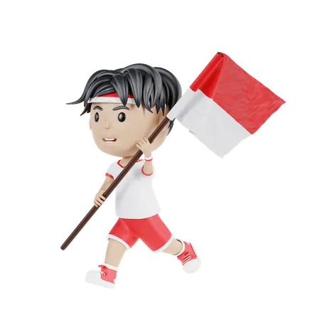 Hombre indonesio sosteniendo la bandera indonesia mientras corre  3D Illustration